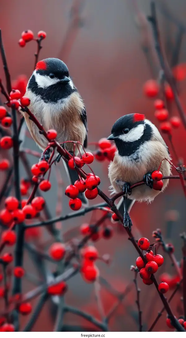 Two birds on a branch with red berries