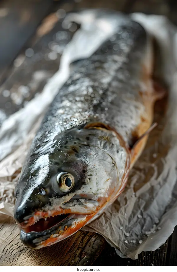 Fresh salmon on wooden table