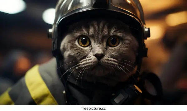 A cat wearing a firefighter's helmet