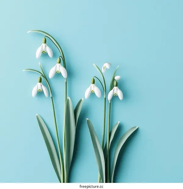 Spring Snowdrop Flowers on a Light Blue Background