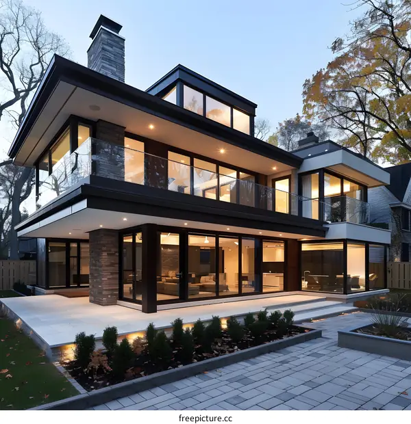 Modern Home with Large Windows and Stone Exterior