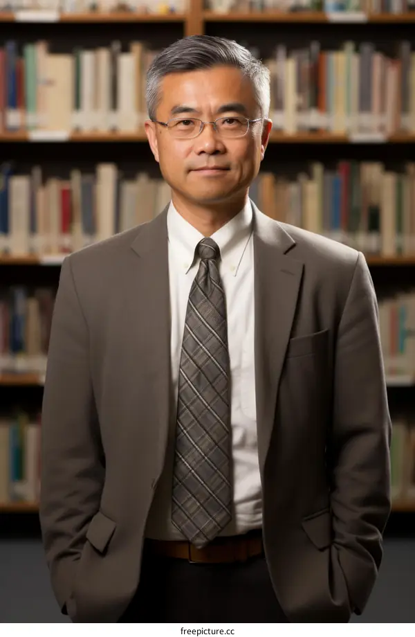 Portrait of a man in a suit standing in a library