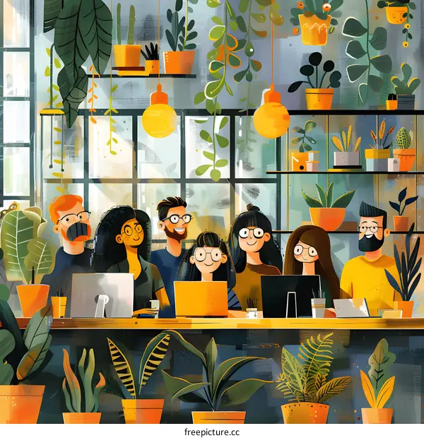 group of diverse people working in a plant-filled cafe