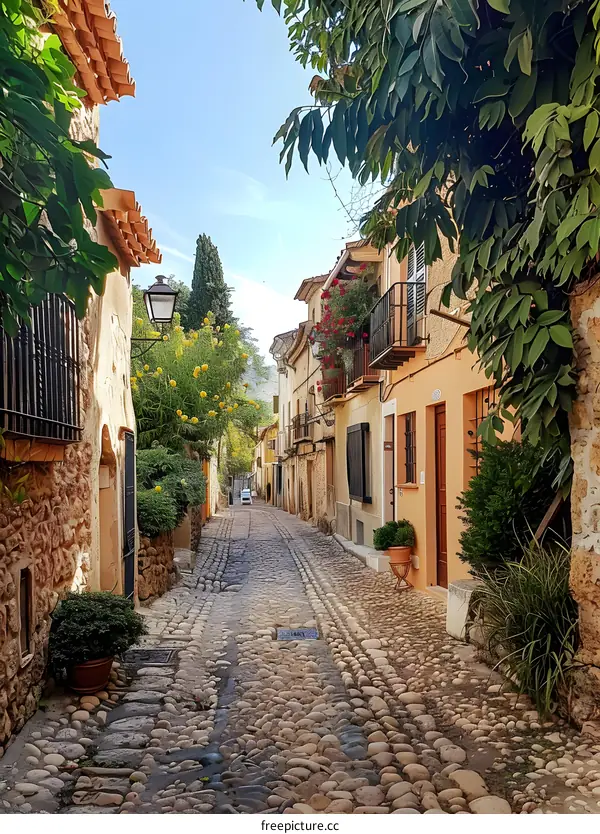 Narrow cobblestone street in European village