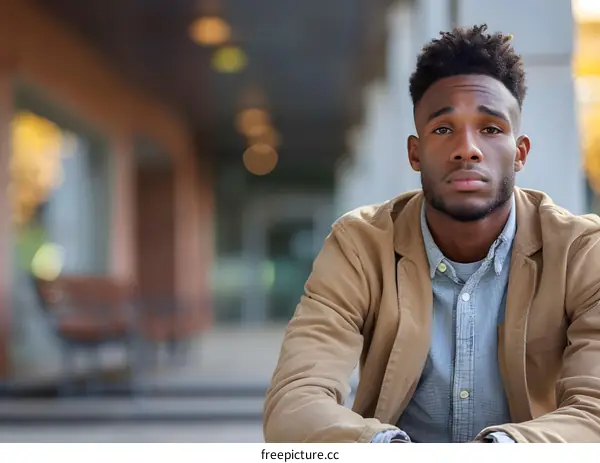 A young African-American man sits on the steps of a building looking directly at the camera with a serious expression on his face