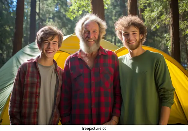 Three generations of men camping together in the woods