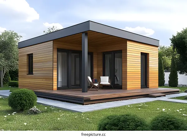 Modern Wooden House Design with Patio and Lawn