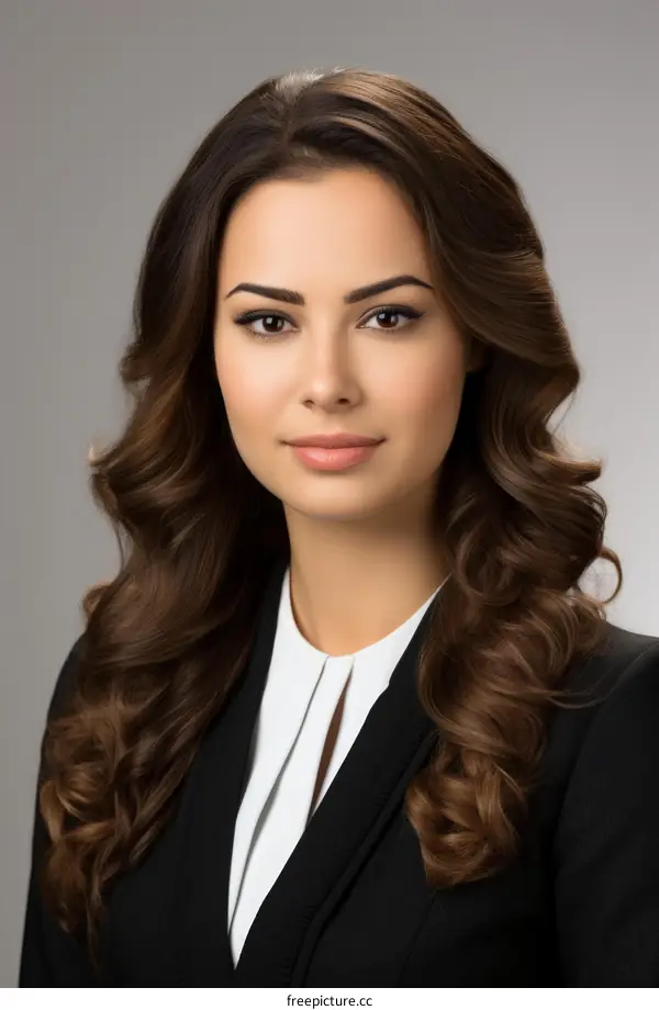 Portrait of a Young Woman with Long Brown Hair, White Blouse, and Black Suit