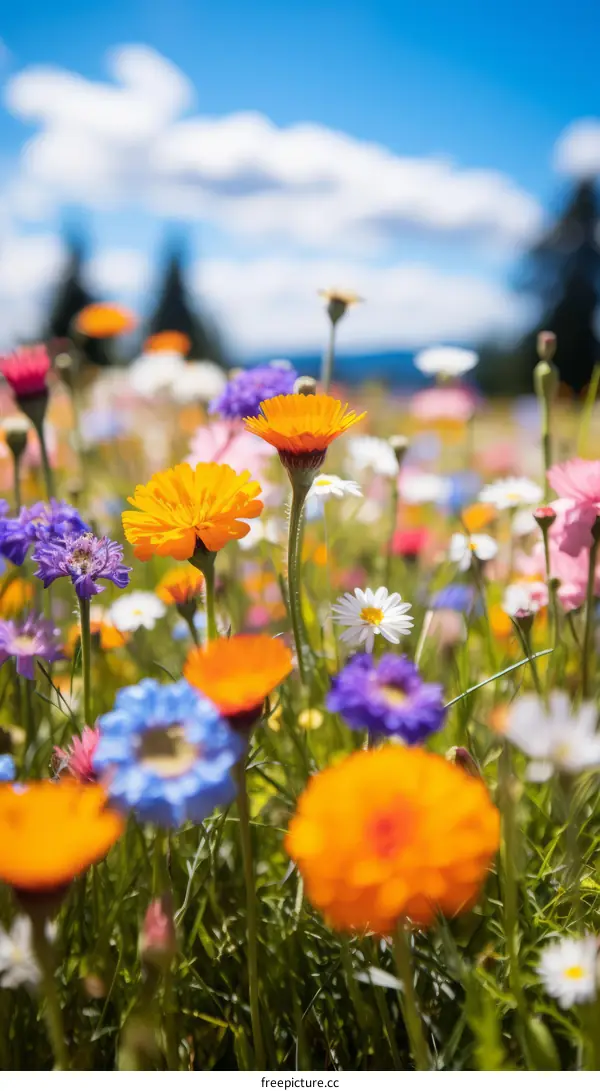 Close-up of a field of colorful wildflowers