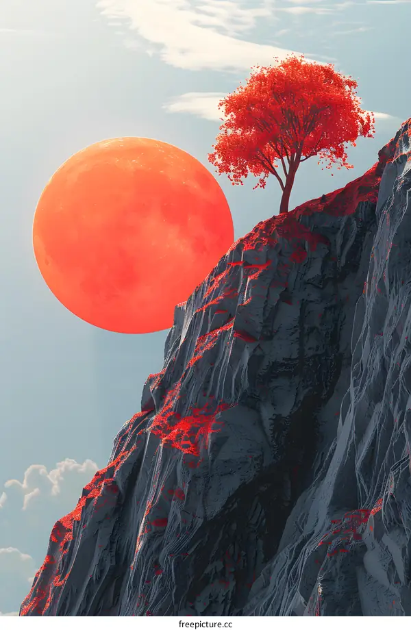 Red Tree on a Cliff with Large Red Moon