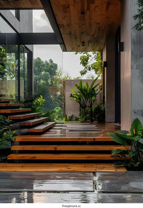 Modern Wooden Stairs With Glass Panels And Greenery