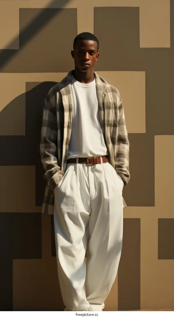 Young Man in White Shirt and Brown Pants Standing in Front of Brown Background