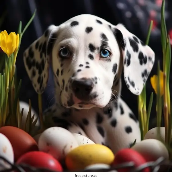 Dalmatian puppy with blue eyes sits in a basket of colorful Easter eggs
