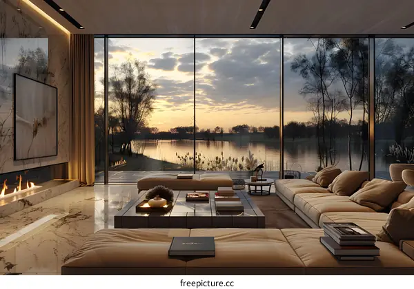 Modern living room with lake view at sunset