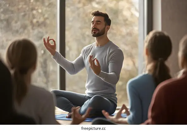 Group Yoga Class with Instructor Guiding Meditation