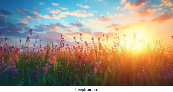 Field of flowers in the setting sun