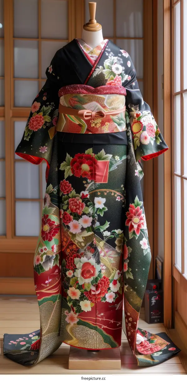 A kimono with a floral pattern and a red obi sash