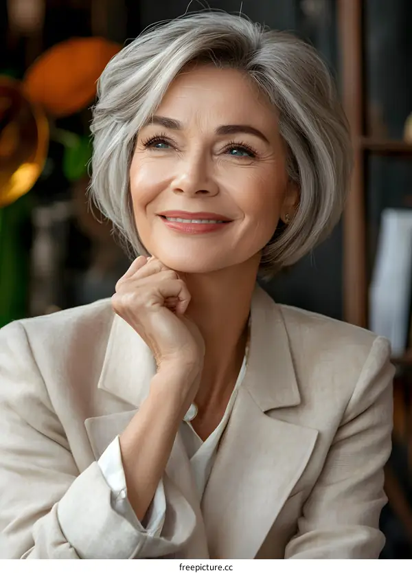 Portrait of a Beautiful Middle Aged Woman with Short Gray Hair