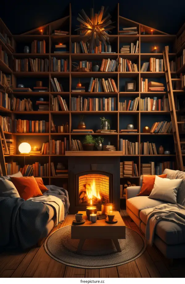 A cozy library with a fireplace and two sofas