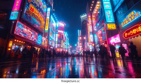 A crowded street in Shinjuku, Tokyo, Japan at night with people walking in the rain past illuminated neon signs and buildings