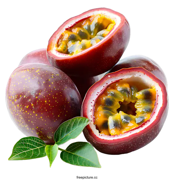 [Transparent Background PNG]Fresh Passion Fruits with Leaves on White Background