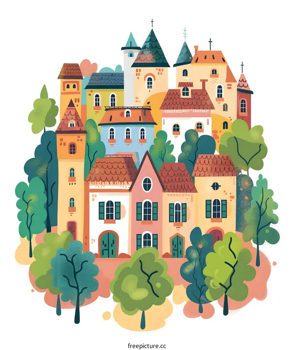 Colorful Cartoon Illustration Of Small Town With Houses And Trees