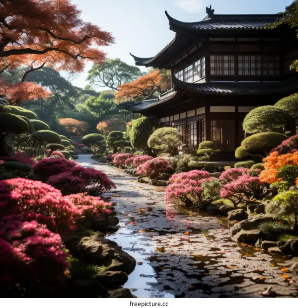 Japanese garden with a traditional house and a pond