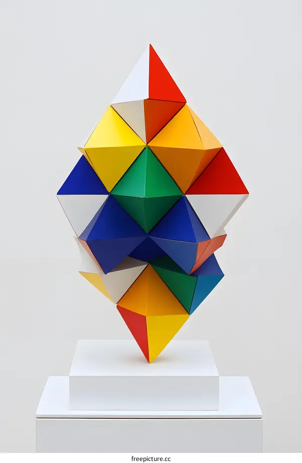 Abstract Geometric Sculpture with Colorful Triangles on White Base