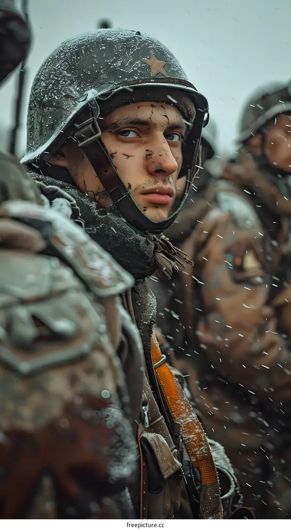 A soldier in a German military helmet during World War II.