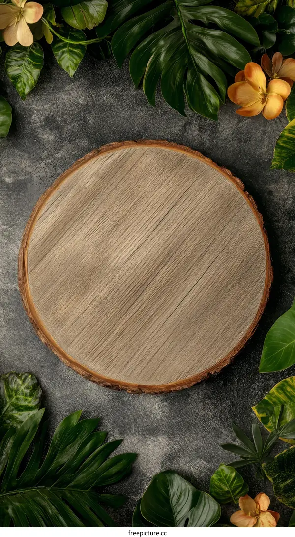 Wooden Slice with Tropical Plants