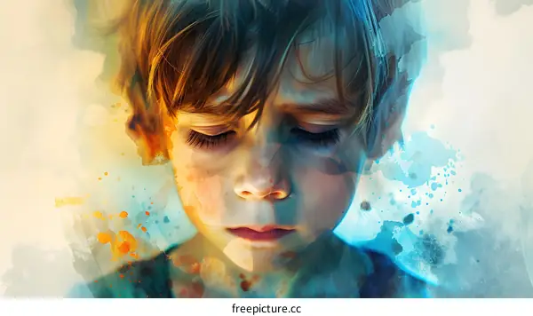 Little boy closes his eyes in front of colorful background