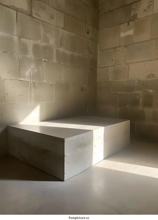 Minimalist Concrete Platform in Corner of Room with Sunlight