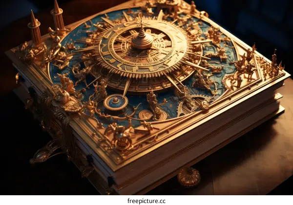 An illustration of an elaborate golden astrolabe with intricate carvings and a blue background.