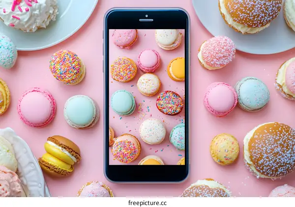 Colorful Macarons and Cream Puffs on Pink Background Taken by Smartphone