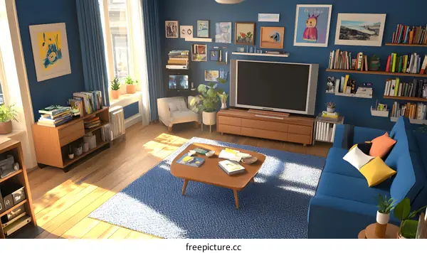 Modern Living Room Interior Design with Blue Walls and Wooden Furniture