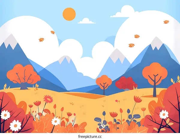 Autumn Landscape with Mountains and Flowers