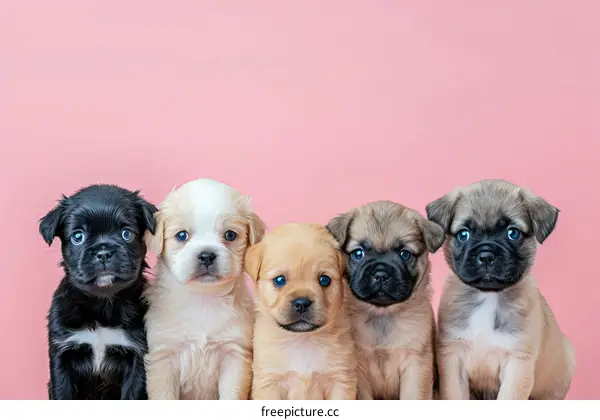 Five adorable puppies sitting in a row against a pink background