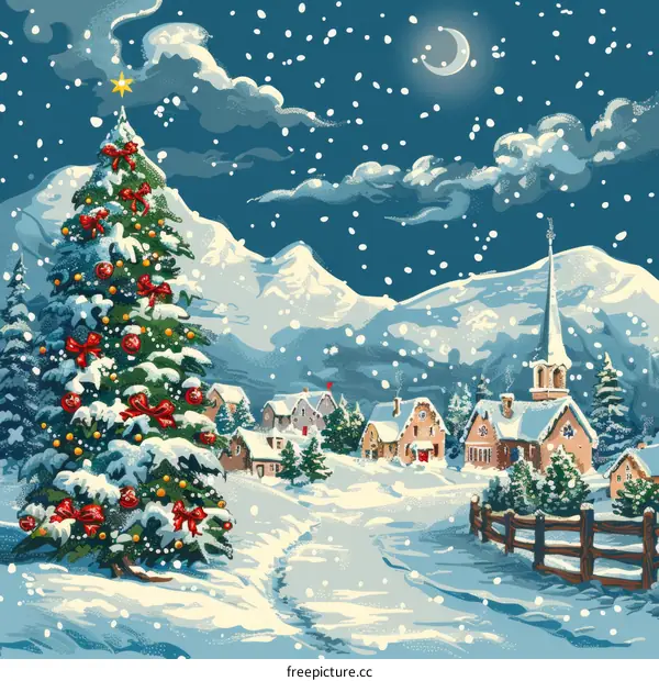 Christmas Village under Moonlit Winter Sky