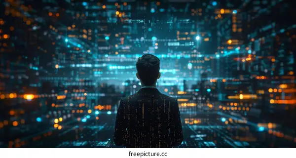 A businessperson standing in front of a digital screen