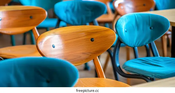 Close Up of Wooden Chairs With Blue Upholstery