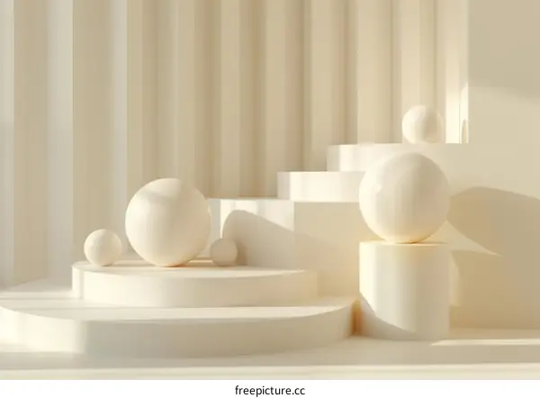 3D rendering of a podium with a large sphere and several smaller spheres on it