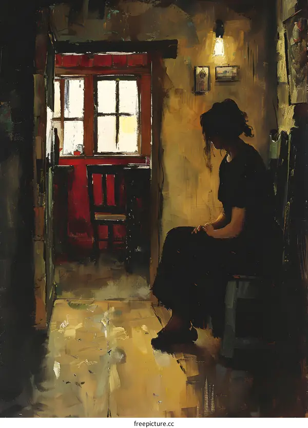 Woman Sitting in a Dark Room with a Window