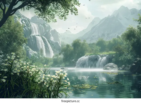 Misty Mountain Waterfall Landscape