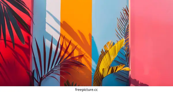 Colorful Tropical Palm Leaves Against a Wall