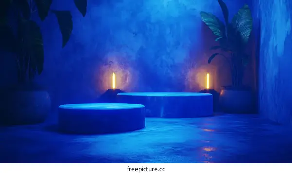 Neon Blue Display Podium Scene with Tropical Plants