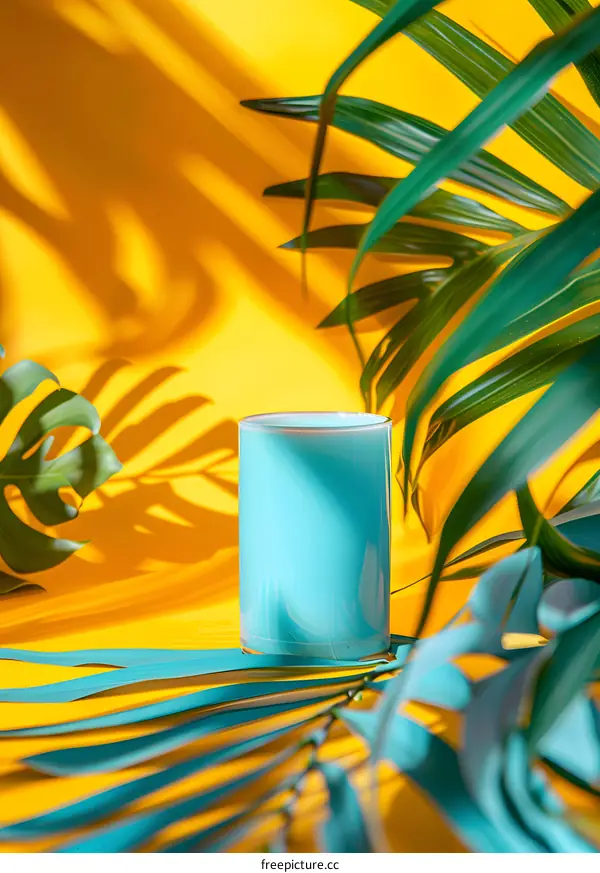 Blue Drink With Green Palm Leaves on Yellow Background