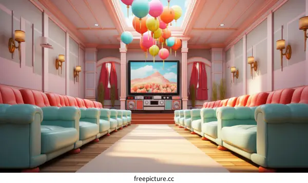 retro home theater with pink and blue pastel colors and large balloons