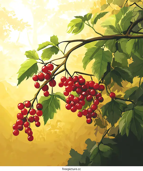 Red Berries on Branch with Green Leaves