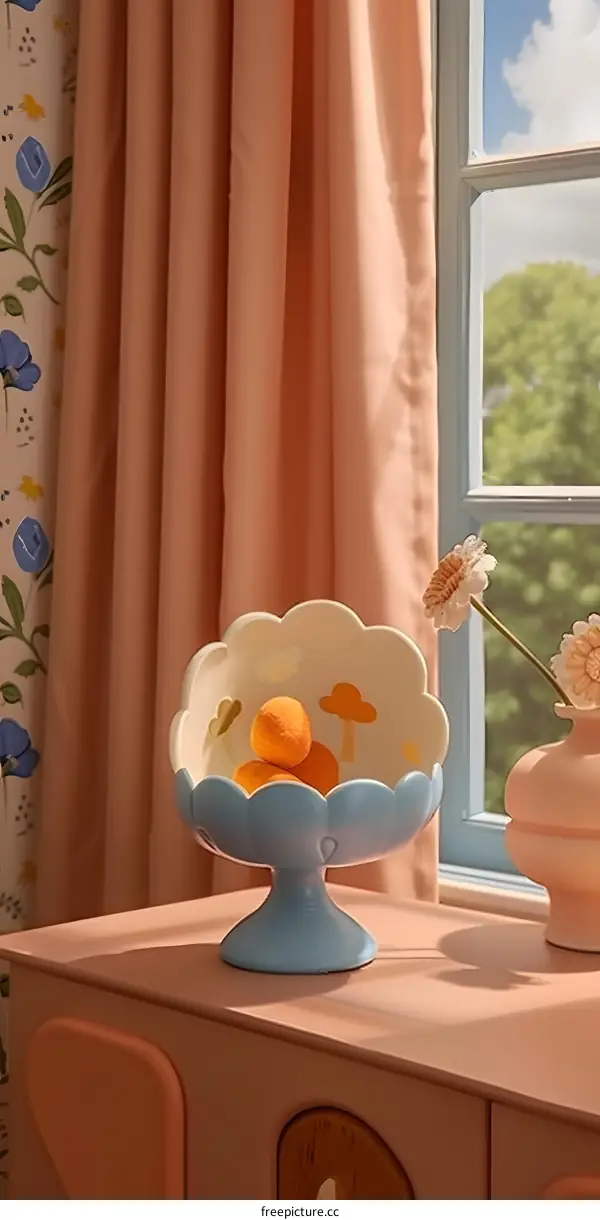 Pastel Colored Ceramic Bowl With Orange Fruit On Wooden Table Near Window