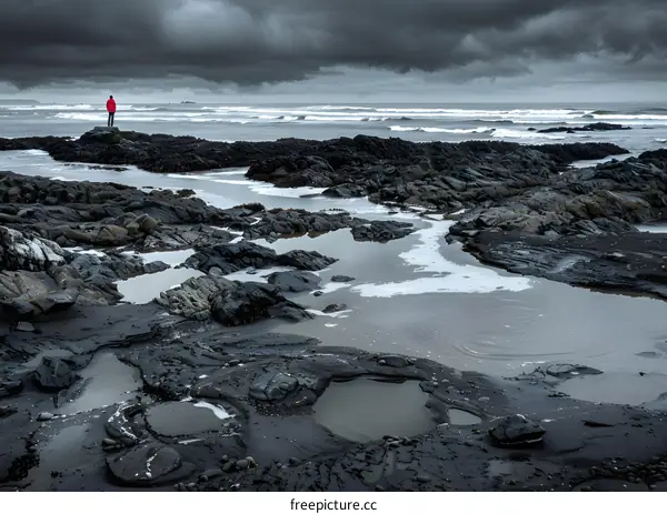 Man Standing on Rocky Beach Under a Cloudy Sky
